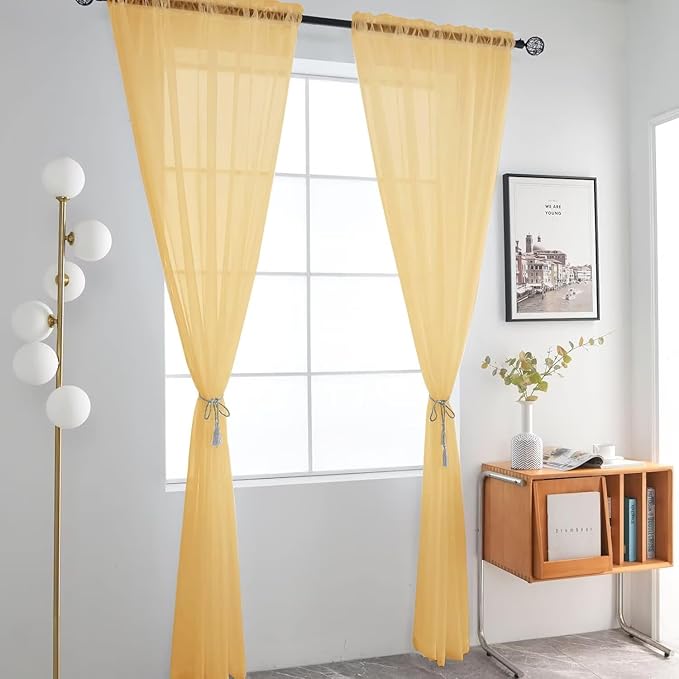 SpaceDresser Basic Rod Pocket Sheer Voile Window Curtain Panels Gold 1 Pair 2 Panels 52 Width 84 Inch Long for Kitchen Bedroom Children Living Room Yard（Gold, 52W x 84L）