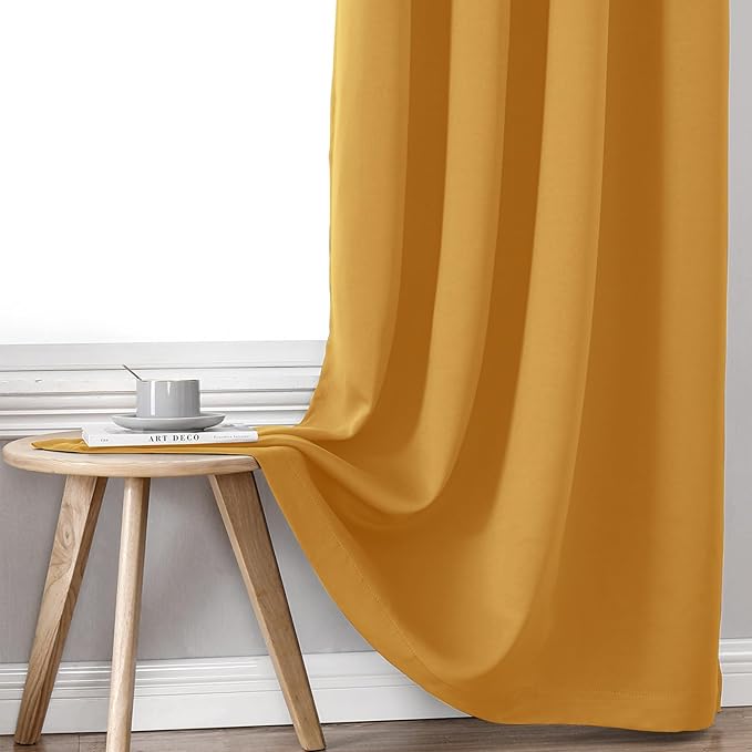 ChrisDowa 100% Blackout Curtains for Bedroom with Black Liner, 2 Thick Layers Total Blackout Thermal Insulated Grommet Window Curtains 2 Panels Set (Mustard Yellow, 52 x 72 Inch)