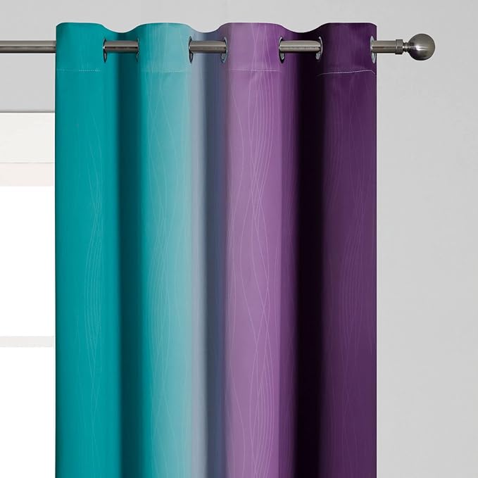 Estelar Textiler Ombre Teal and Purple Blackout Curtains 45 Inch Length 2 panels, Grommet Thermal Insulated Gradient Drapes for Kids Room, Full Light Blocking Blackout Curtains for Bedroom, 52x45 Inch