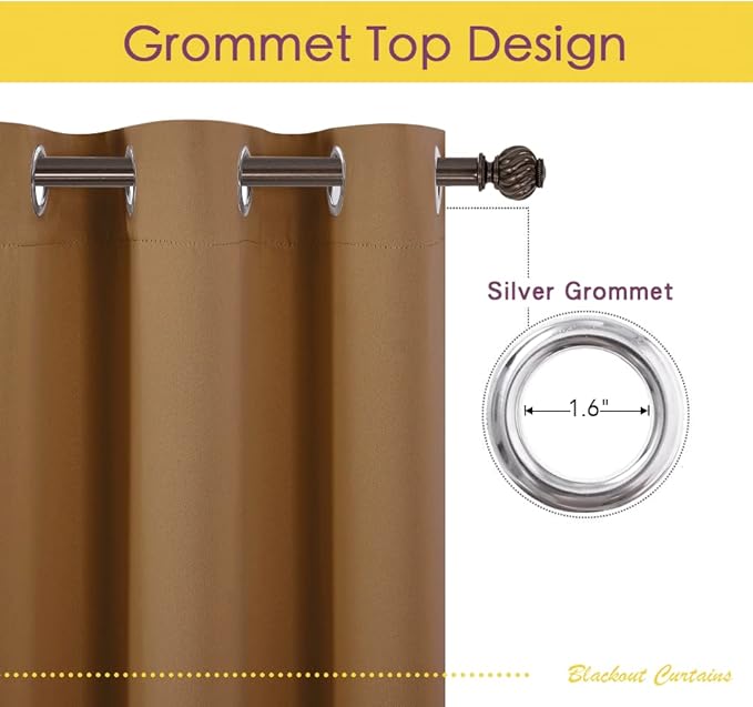 NICETOWN Blackout Draperies Curtains for Kids Room, Window Treatment Thermal Insulated Solid Grommet Blackout Drape Panels for Bedroom (Gold Brown, Set of 2, 60 by 84 inches)