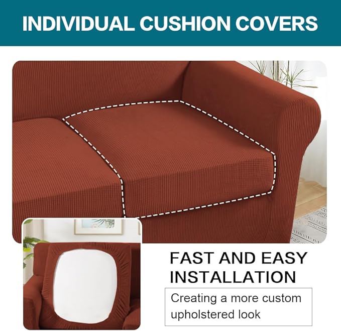 Turquoize 4 Piece Sofa Covers for 3 Cushion Couch Sofa Slipcover Soft Couch Cover for Dogs-Washable Sofa Furniture Covers with 3 Individual Large Cushion Covers (XL Sofa, Rust)
