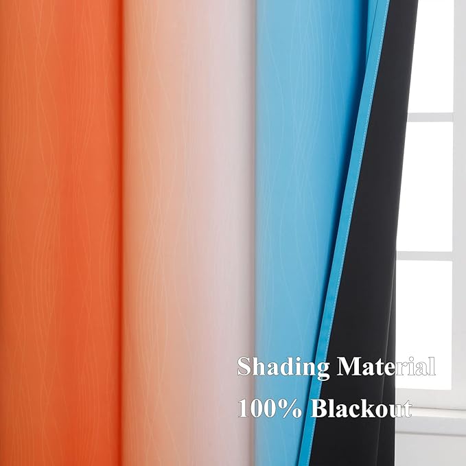 Ombre Orange and Blue Curtains 63 Inch Length 2 panels, Total Blackout Curtains for Bedroom, Grommet Thermal Insulated Gradient Drapes, Full Light Blocking Curtains for Boys Room, 42x63 Inch