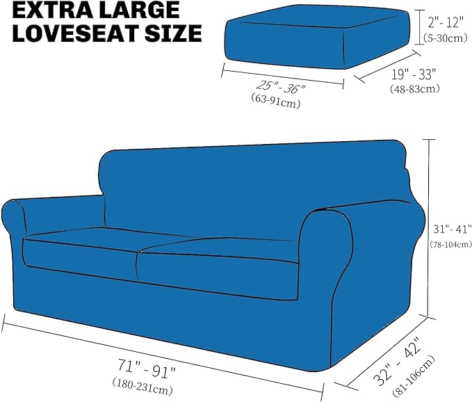 XINEAGE New 3 Pieces Couch Covers for 2 Extra Large Cushion Sofa Super Stretch Sofa Cover for 2 Large Seat Universal Loveseat Slip Cover for Living Room (Peacock Blue), 71"-91"(2 Cushions)