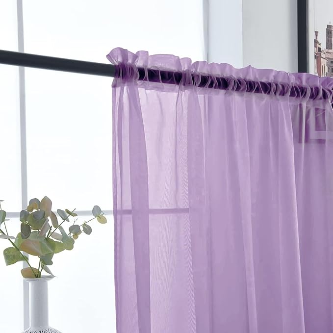 SpaceDresser Sheer Voile Window Treatment Rod Pocket Curtain Panels for Kitchen Bedroom Living Room Drapes Sunlight Filtering Privacy Semi Home Decor Assorted (Lavender, 52 W x 84 L)