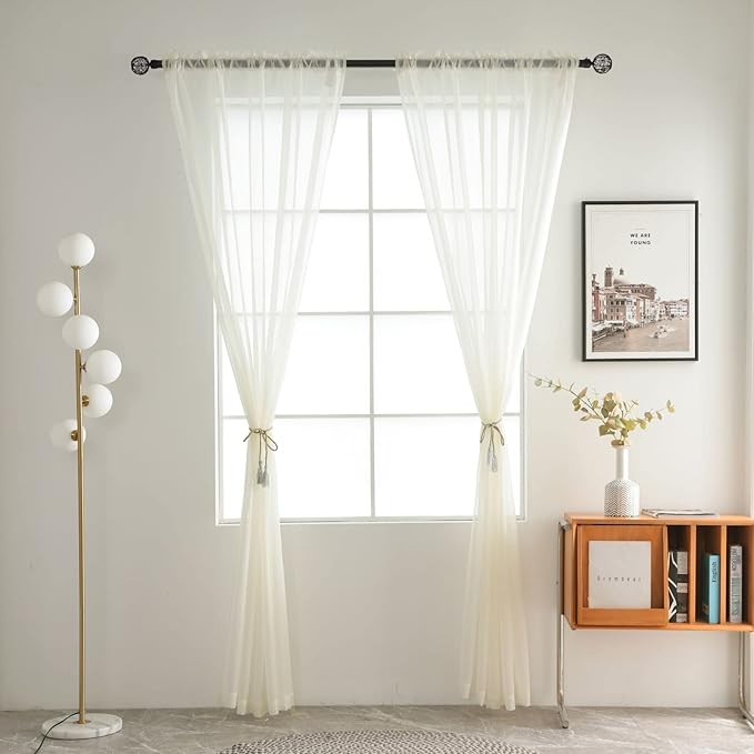 SpaceDresser Sheer Voile Window Treatment Rod Pocket Curtain Panels for Kitchen Bedroom Living Room Drapes Sunlight Filtering Privacy Semi Home Decor Assorted Colors Sizes (Ivory, 52 W x 45 L)