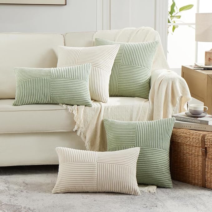 Fancy Homi 2 Packs Cream Lumbar Decorative Throw Pillow Covers 12x20 Inch for Living Room Couch Bed Sofa, Rustic Farmhouse Boho Home Decor, Soft Striped Corduroy Rectangle Accent Cushion Case 30x50 cm