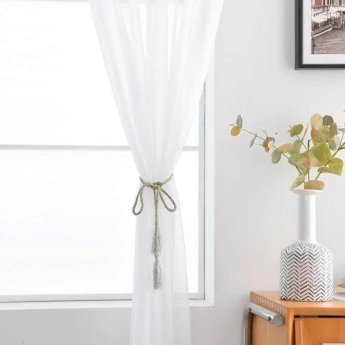 SpaceDresser Sheer White Curtains 4 Panels Rod Pocket Semi-Sheer Curtain 45 Inches Long Light Filtering Voile Window Drapes for Bedroom Living Room Kitchen, Each 52W x 45L