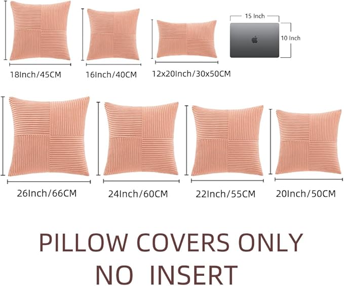 Fancy Homi 2 Packs Coral Decorative Throw Pillow Covers 22x22 Inch for Living Room Couch Bed, Rustic Farmhouse Boho Home Decor, Soft Corss Corduroy Patchwork Accent Square Cushion Case 55x55 cm