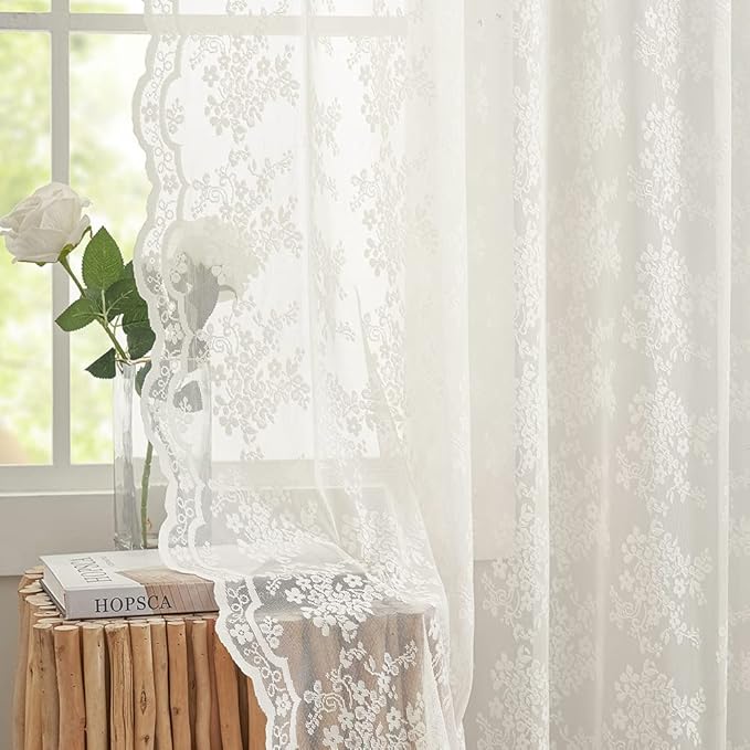 YJ YANJUN Vintage Lace Curtains 54 Inch Length- Victorian Floral Pattern Ivory Short Sheer Curtain Panels for Living Room Bedroom, Country Light Filtering Drapes, Set of 2 52W x 54L Cream