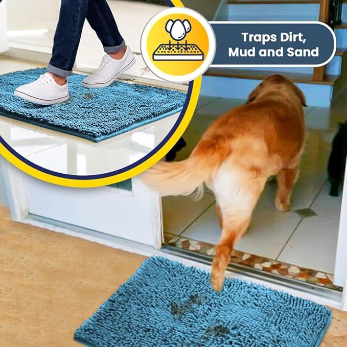 Muddy Mat® | Super Absorbent Door Mat Indoor, Microfiber Quick Dry Chenille Entryway Rug, Non-Slip Front Door Mat, Indoor Mats for Entryway, Machine Washable Pet Rug, Sky Blue 36" x 120"