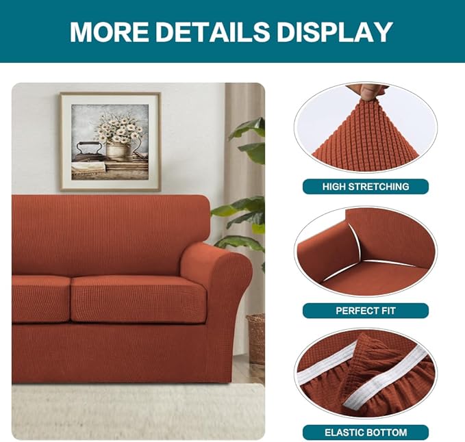 Turquoize 3 Piece Sofa Covers for 2 Cushion Couch Sofa Slipcover Soft Couch Cover for Dogs-Washable Sofa Furniture Covers with 2 Individual Cushion Covers, Feature Fabric (2 Cushion Sofa, Rust)