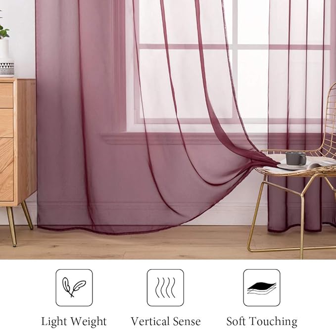 MIULEE Wine Red Christmas Window Sheer Curtains for Bedroom Living Room Solid Elegant Net Drapes 2 Panels Width 38 x Length 84 Inches