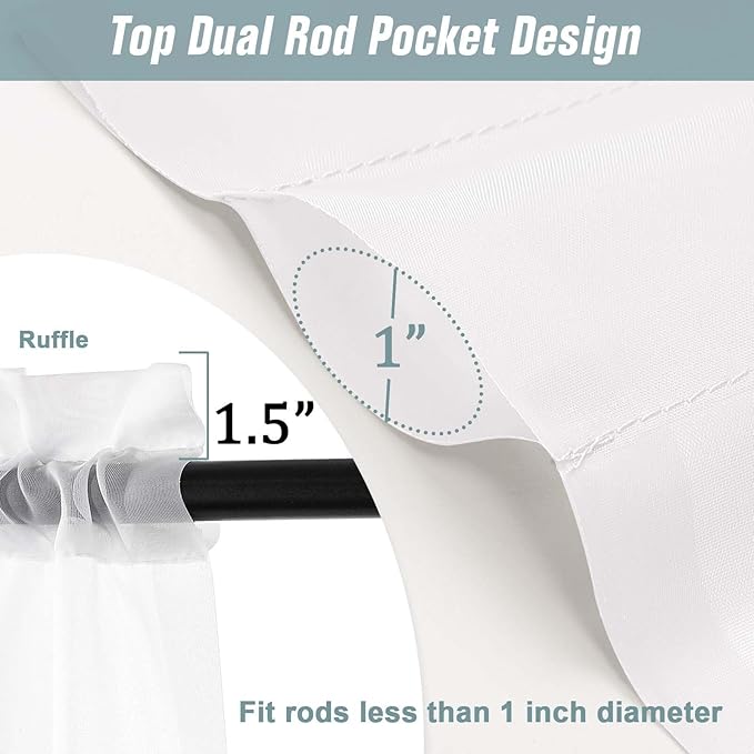 White Valances for Windows 14 inch Length 2 Panels Set, Small Voile Sheer Curtains for Bathroom, Soft Fabric Lightweight Light Filtering Kitchen Curtains, Dual Rod Pocket, 2x42Wx14L Inches