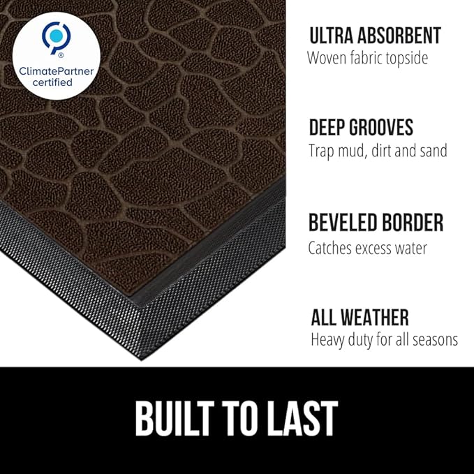 GORILLA GRIP 100% Waterproof All-Season WeatherMAX Doormat 35x23, US Designed Natural Rubber, Stain and Fade Resistant, Low Profile Indoor Outdoor Door Mats, Easy Clean Patio Mat, Dark Brown Pebble