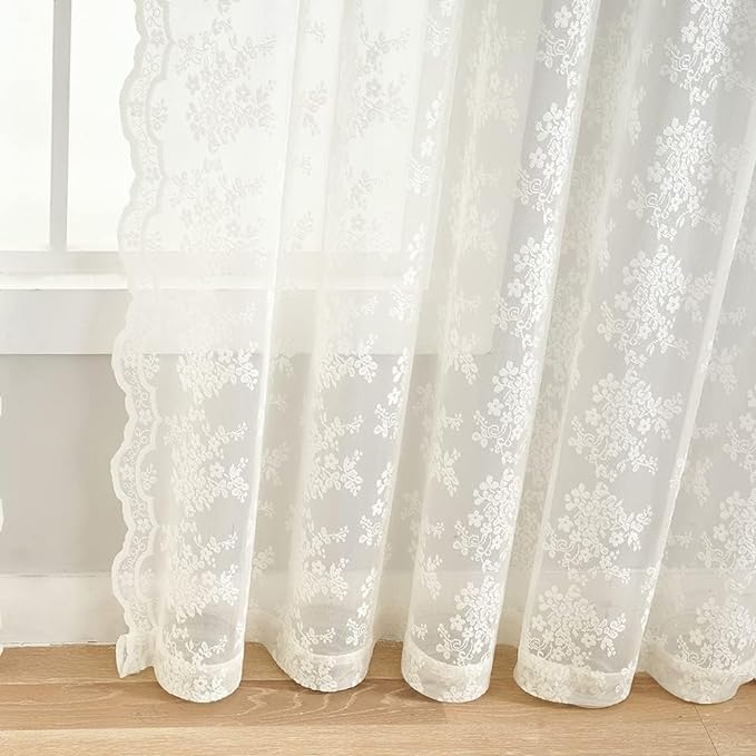 YJ YANJUN Vintage Lace Curtains 92 Inches Long-Victorian Floral Pattern Ivory Sheer Panels Light Filtering Cream Gauze Curtain for Living Room Bedroom Boho Farmhouse Decor 52x92 Cream/Ivory
