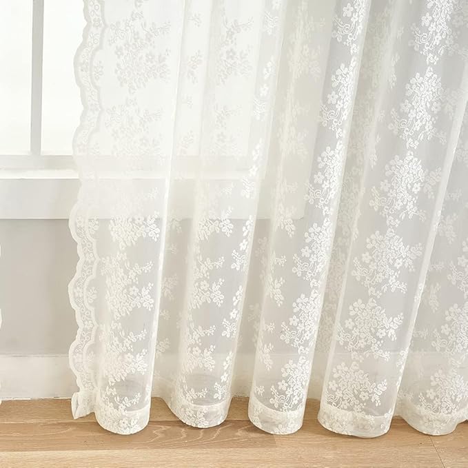 YJ YANJUN Vintage Lace Curtains Elegant Flower Off White 132 inch Curtains 1 Pair Extra Long Cream Colored High Ceiling Drapes for Large Windows Patio Sliding Door 11 Foot 52" W x 132" L Ivory