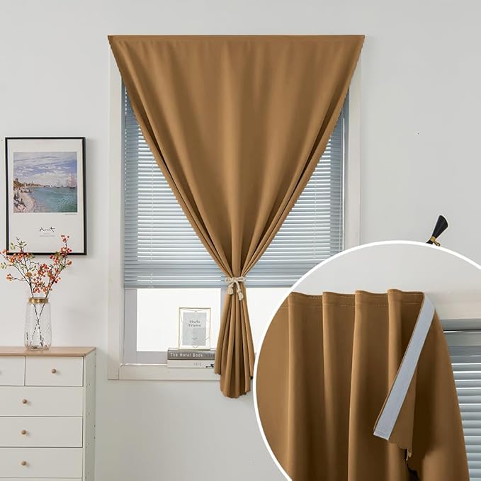 Self Adhesive Curtains, Stick Curtain Blackout Shades Window Cover Curtains for Living Room No Drilling, 59" W X 71" L, Brown, 1 Panel