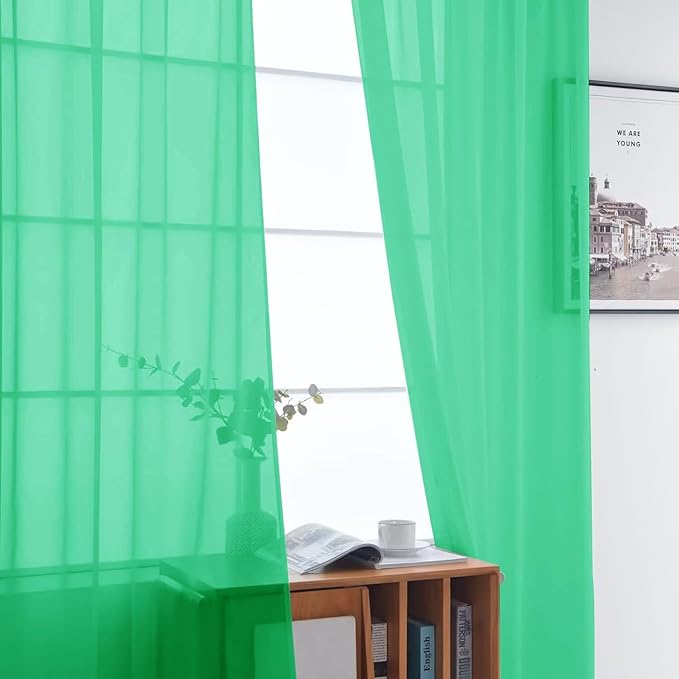 SpaceDresser Basic Rod Pocket Sheer Voile Window Curtain Panels Grass Green 1 Pair 2 Panels 52 Width 63 Inch Long for Kitchen Bedroom Children Living Room Yard（Grass Green, 52W x 63L）