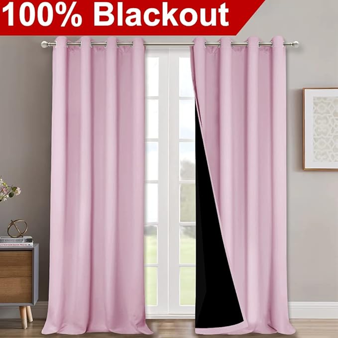 NICETOWN 100% Blackout Blinds, Set of 2, 46" x 102", Baby Pink, Laundry Room Decor Window Treatment Curtains for Large Patio Sliding Door, Thermal Insulated Curtains for Bedroom