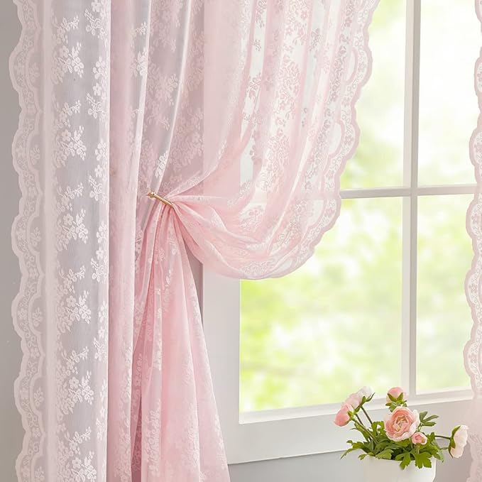 YJ YANJUN Vintage Lace Curtains 84 Inches Long- Pretty Pastel Floral Pink Sheer Curtain Panels for Living Room Girl Bedroom,Light Filtering, Cute Princess Girls Room Drapes 2 Panels 52W x 84L