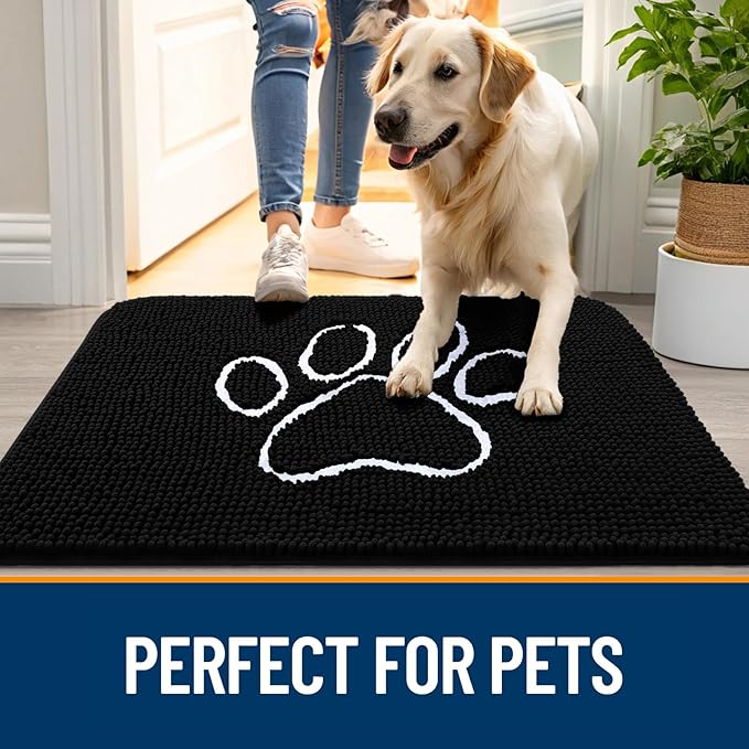OLANLY Dog Door Mat for Muddy Paws 24x16, Paw Print Design, Absorbs Moisture and Dirt, Absorbent Non-Slip Washable Doormat, Quick Dry Chenille Mud Mat for Dogs, Entry Indoor Entryway Carpet, Black