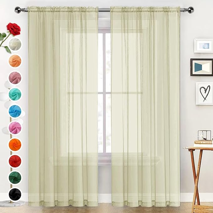 SpaceDresser Basic Rod Pocket Sheer Voile Window Curtain Panels Sage Green 1 Pair 2 Panels 52 Width 54 Inch Long for Kitchen Bedroom Children Living Room Yard（Sage Green, 52W x 54L）