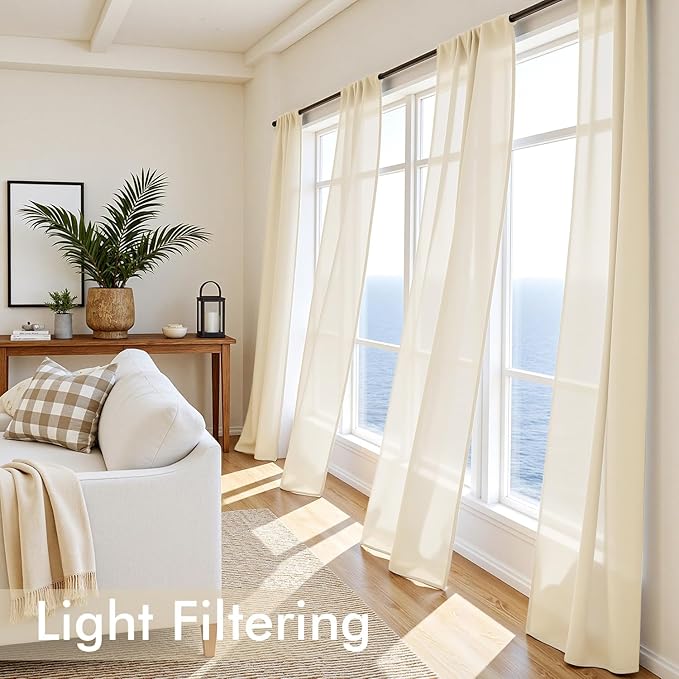 MIULEE Butter Cream Sheer Curtains 102 Inches Long, 4 Panels Set, Light Filtering Rod Pocket Voile Drapes for Living Room and Bedroom, Airy Soft Fabric Window Treatments, 42 x 102 Inches