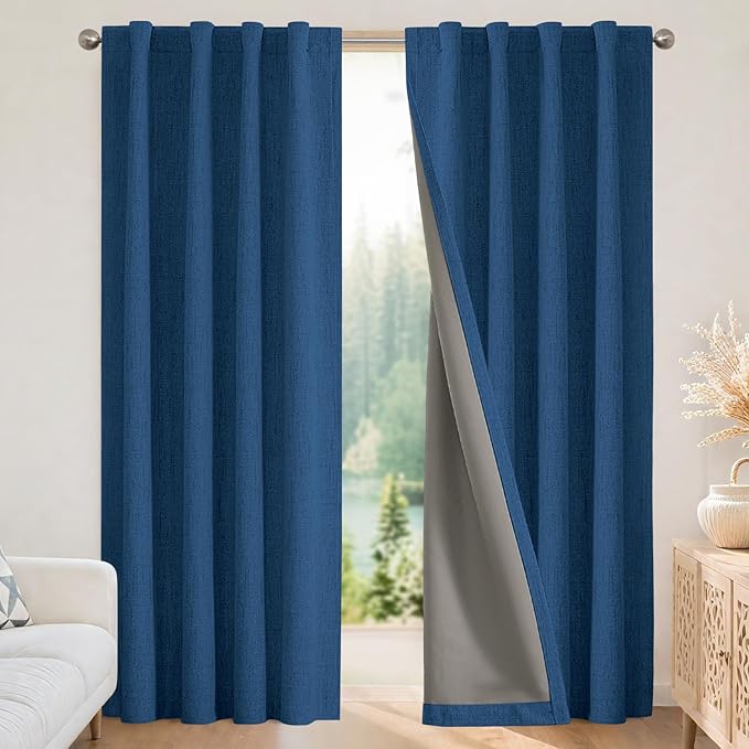 Joydeco Blackout Curtains for Bedroom - 100% Light Blocking 2 Panels Navy Blue Drapes 66" W x 90" L, Thermal Insulated Room Darkening Curtains, Linen Textured for Living Room, Rod Pocket & Back Tabs