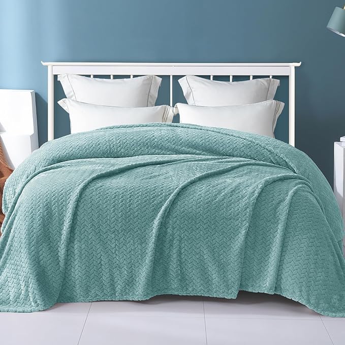 Exclusivo Mezcla Fleece Twin Size Blanket for Bed, 60x80 Inches Soft Cozy Jacquard Flannel Blankets, Lightweight Fuzzy Plush Warm for Women, Celadon