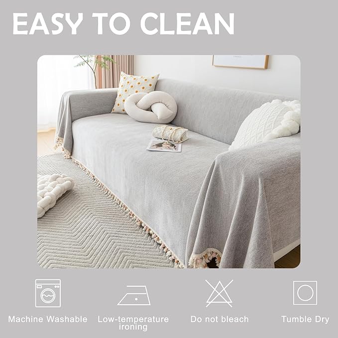 HANDONTIME Grey Sofa Cover for Couch Boho Couch Cover for 3 Seat Couches Dog Couch Cover Love Seat Couch Covers Light Grey Sectional Cover 91" X150" Tassel Chenille Herringbone Sofa Covers