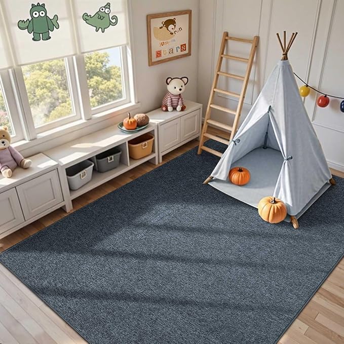 FinRèc Low Pile 6x9 Washable Area Rugs for Bedroom Living Room, Thin Rug Solid Color, Non-Slip Carpet Indoor for Home Decor (Navy Blue)