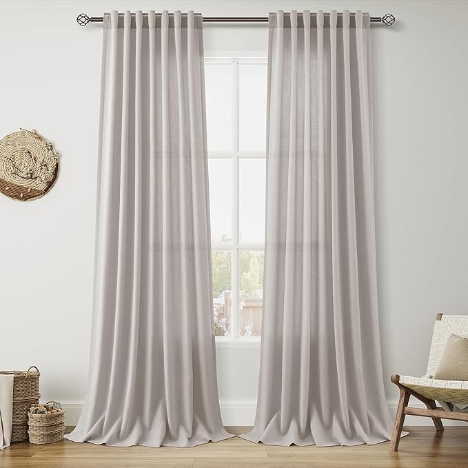 Nanspring Stone Grey Linen Curtains 96 Inches Long for Living Room Simple Modern Light Filtering Semi Sheer Curtain Back Tab and Rod Pocket Neutral Luxury Drapes for Bedroom Office 52x96, 2 Panels