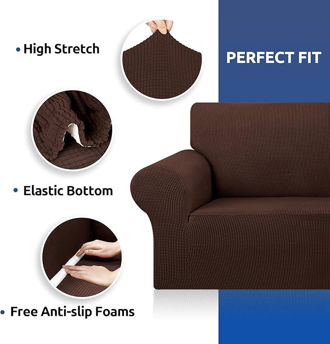 KEKUOU Stretch Oversized Sofa Slipcover 1 Piece Couch Sofa Cover (94"-110") Furniture Protector 4 Seater Sofa with Elastic Bottom for Kids,Pet.Jacquard Checked Pattern Fabric(X Large,Chocolate)
