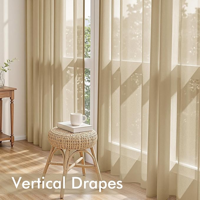 MIULEE Beige Sheer Curtains 96 Inches Long, 4 Panels Set, Rod Pocket Voile Drapes Light Filtering and Semi Transparent, Elegant Window Treatments for Bedroom Living Room,54 x 96 Inches
