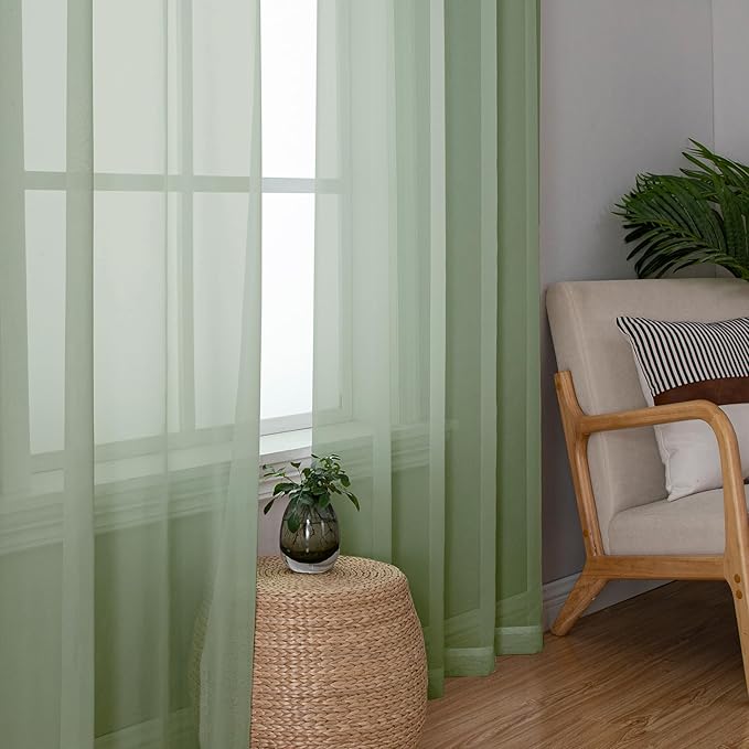 Aiyufeng Sage Green Sheer Curtains 90 Inches Long, Light Filtering Rod Pocket Solid Color Window Sheer Curtain Panels, Elegant Curtains & Drapes for Living Room, Bedroom 2 Panels (Sage, 59" W x 90" L)