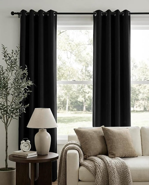 100% Blackout Shield Linen Blackout Curtains for Bedroom, Black Grommet Curtains for Living Room, Thermal Insulated Room Darkening Drapes for Nursery, Boho Home Decor, 50" W x 72" L, 2 Panels
