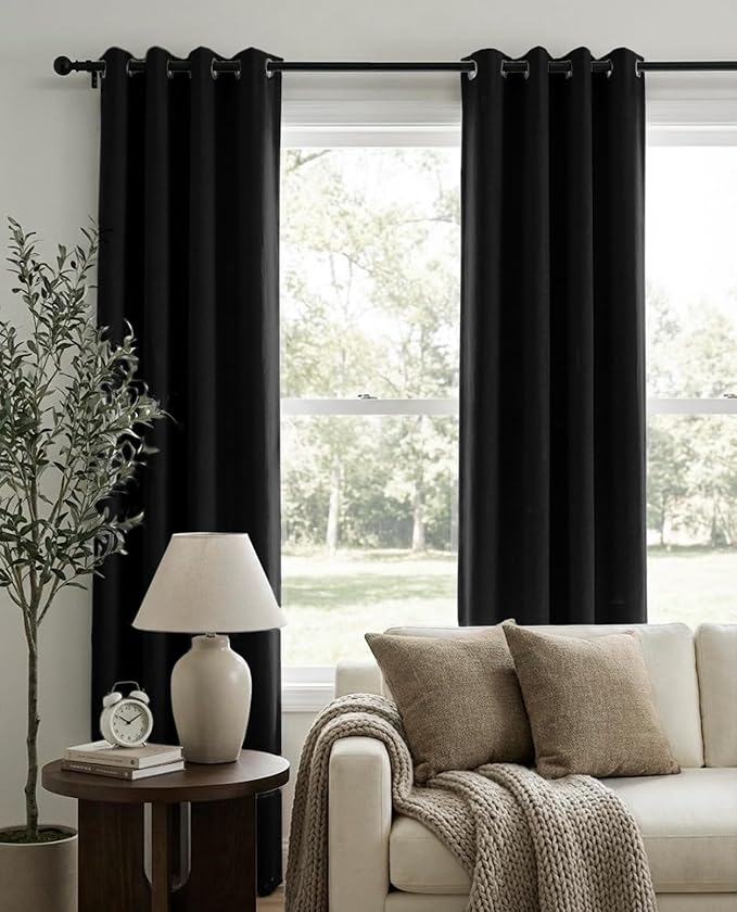 100% Blackout Shield Linen Blackout Curtains for Bedroom, Black Grommet Curtains for Living Room, Thermal Insulated Room Darkening Drapes for Nursery, Boho Home Decor, 50" W x 63" L, 2 Panels