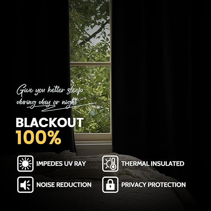 Yakamok 100% Blackout Curtain Panels 96 inches Cold and Light Blocking Drapes for Nursery, 2 Thick Layers Thermal Insulated Draperies (2 Pieces, 50 Wide Each Panel, Black Front with White Backing)