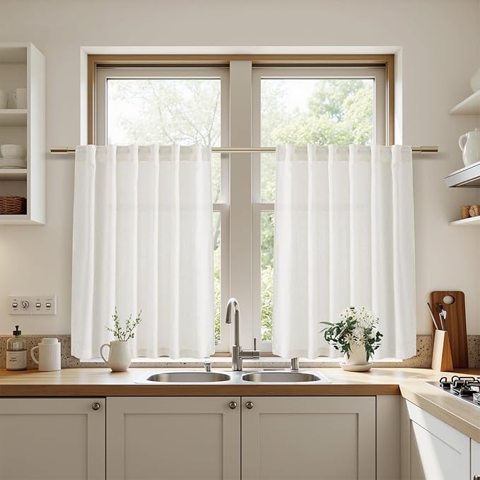 Beige White Linen Curtains for Kitchen Windows Over Sink Neutral 30 Inch Length Back Tab and Rod Pocket Light Filtering Semi Sheer Cafe Curtain for Bathroom RV Small Window 26 x 30 Inch,2 Panels