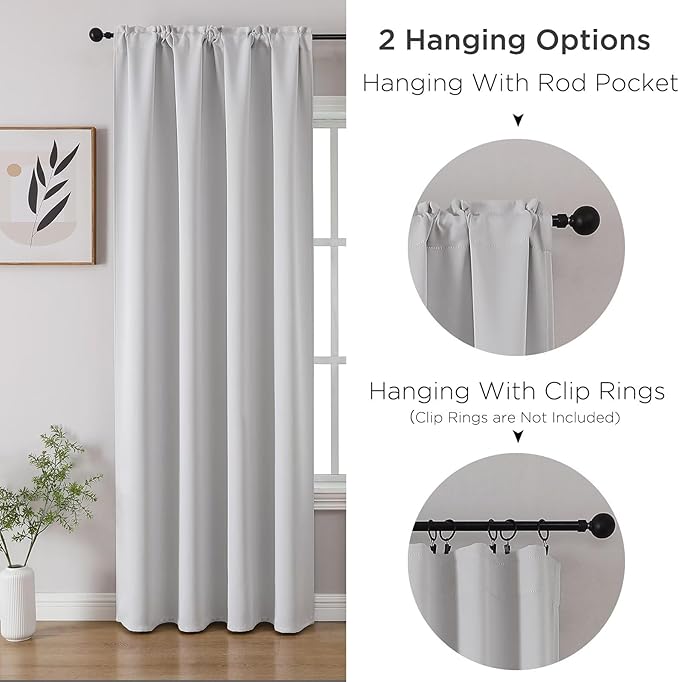 CUCRAF Grayish White Blackout Curtains 63 inch Length 2 Panels Set, Rod Pocket Room Darkening Drapes for Bedroom Living Room, Insulated Thermal Light Blocking Window Curtain (W52 x L63 Inch)