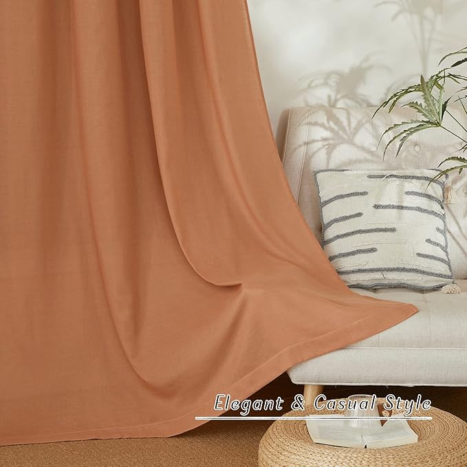 NICETOWN Linen Curtains 96 inches Long for Living Room, Grommet Semi Sheer Drapes Linen Weave Window Treatments Privacy Added with Light Filtering for Bedroom, Burnt Orange, W34 x L96, 2 Panels