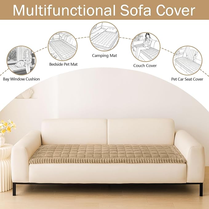 hyha Couch Covers for Dogs Washable, Non Slip Plush Dog Sofa Protectors, Fuzzy Pet Couch Covers for 3 Cushion Sofa Pet Friendly (Khaki, 27.6" x 27.6")