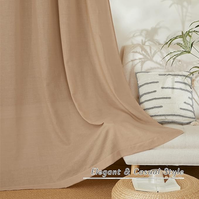 NICETOWN Living Room Curtains Camel Thick Linen Flax Texture, Grommet Semi Sheer Privacy Assured with Light Filtering Linen Weave Drapes for Bedroom/Farmhouse, W55 x L90, 2 Panels