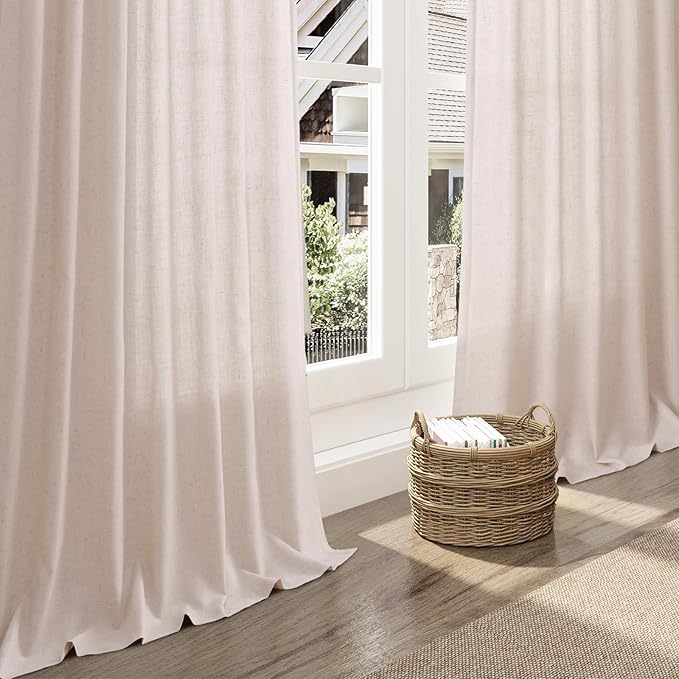 Nanspring Natural White Linen Curtains 90 Inches Long for Living Room Light Filtering Semi Sheer Neutral Farmhouse Decor Curtains Back Tab Privacy Burlap Textured Curtain for Bedroom 52x90, 2 Panels
