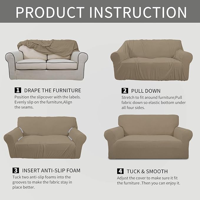 Easy-Going Stretch 4 Seater Sofa Slipcover 1-Piece Sofa Cover Furniture Protector Couch Soft with Elastic Bottom for Kids, Polyester Spandex Jacquard Fabric Small Checks Natural