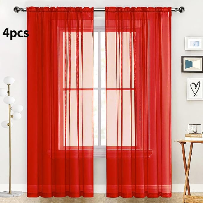 SpaceDresser Sheer Red Curtains 4 Panels Rod Pocket Semi-Sheer Curtain 63 Inches Long Light Filtering Voile Window Drapes for Bedroom Living Room Kitchen, Each 52W x 63L