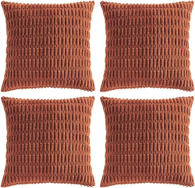Fancy Homi 4 Packs Rust Decorative Throw Pillow Covers 26x26 Inch for Living Room Couch Bed Sofa, Terracotta Rustic Farmhouse Boho Home Decor, Soft Plush Striped Corduroy Square Cushion Case 66x66 cm