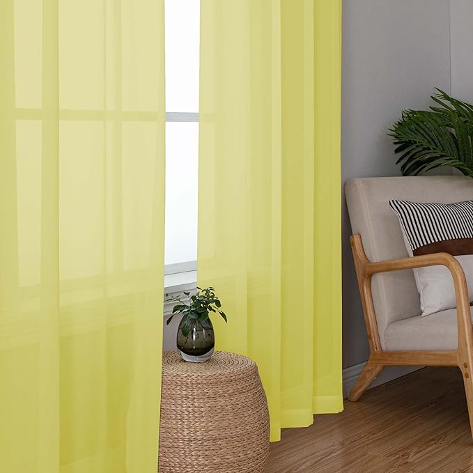 OWENIE Lemon Sheer Curtains for Bedroom Living Room 90 Inches Long, Elegant Solid Light Filtering Window Curtain Panles, Modern Rod Pocket Lemon Curtain, 2Pcs, Each 42" W x 90" L
