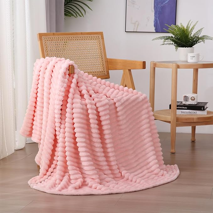 Light Pink Fleece Throw Blanket 90”×90” for Couch Sofa Bed,Super Soft Cozy Plush Microfiber Flannel Blanket with Stripes Design Lightweight for Adults,Woman,Girls