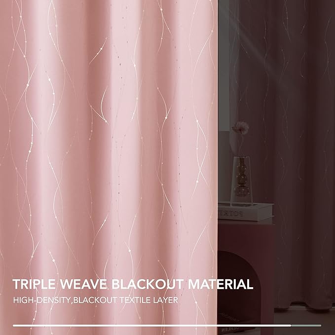 Deconovo Pink Blackout Curtains for Bedroom, Thermal Insulated Soundproof Pravicy Curtain, Silver Wave Dots Print, 52 x 95 Inch Long, Machine Washable Window Panels for Kids Room Nursery, Set of 2